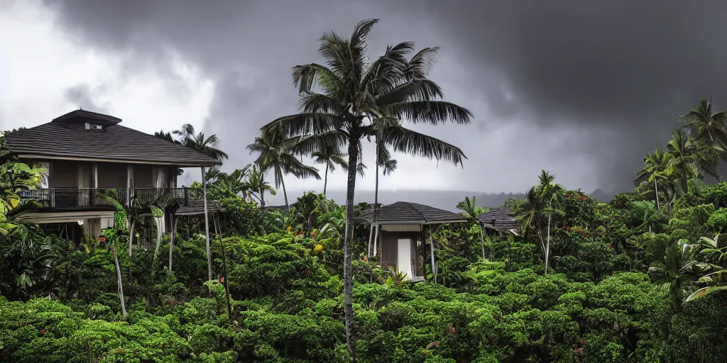 Image similar to a Hawaiian villa in the middle of an tropical forest, ominous Sky, gloomy atmosphere, cinematic, mist, High definition, 8k, ultra detailed