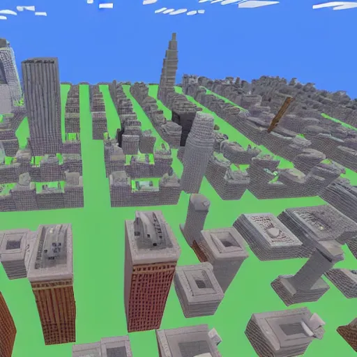 Image similar to new york city skyline built in minecraft, isometric view , voxel art