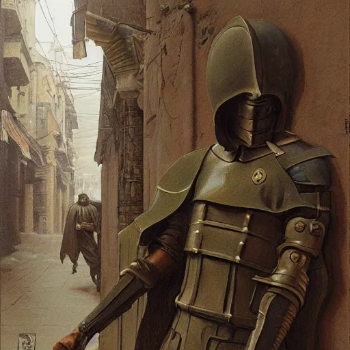 Image similar to study of masked holy crusader on the art deco streets of the byzathian empire city, award - winning realistic sci - fi concept art by beksinski, bruegel, greg rutkowski, alphonse mucha, and yoshitaka amano