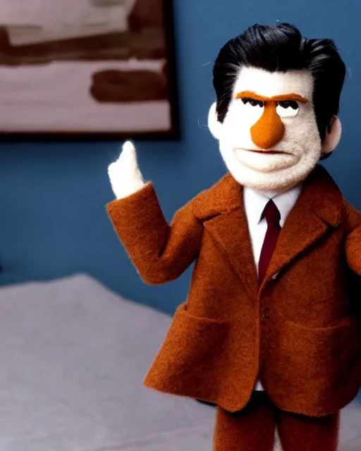 Image similar to film still from twin peaks, agent dale cooper as a puppet muppet!!. highly detailed felt. hyper real photo, octane, jim henson, 4 k.