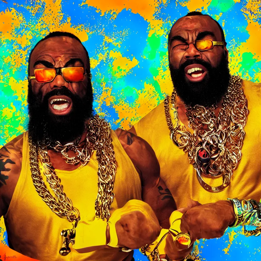 Image similar to mr. t pitying all the fools, hyper color, stylized photo, gold chains, digital art