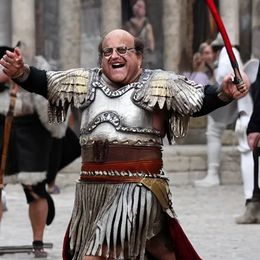 Image similar to Danny DeVito dressed as a gladiator in the streets of Ancient Rome