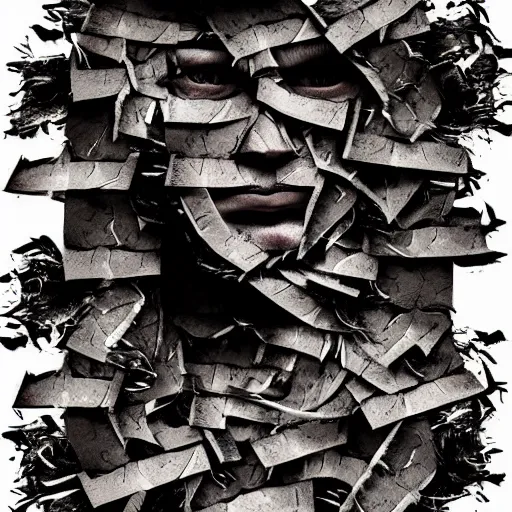 Image similar to man face shredded like paper peeling, dark, surreal, illustration, by ally burke