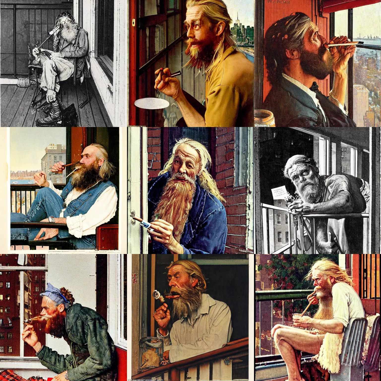 Prompt: norman rockwell portrait of a nordic man with long blonde hair and a (shaggy) beard smoking a joint on a balcony in New York City, Norwegian Man