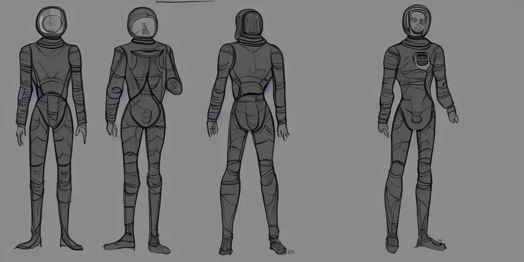 Image similar to male, space suit, character sheet, concept art, stylized, large shoulders, large torso, long thin legs, exaggerated proportions, concept design