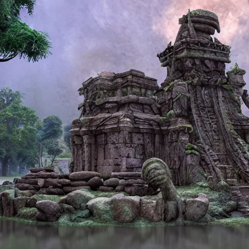 Image similar to an ancient collapsing temple to Shrek discovered deep in the swamps, 4k render, octane, ancient ogre imagery, tribal war god, dark amazonian temple, onion statue, gargoyle-like decorations in the style of Donkey. hyper-detailed, intricate, hallowed swampland