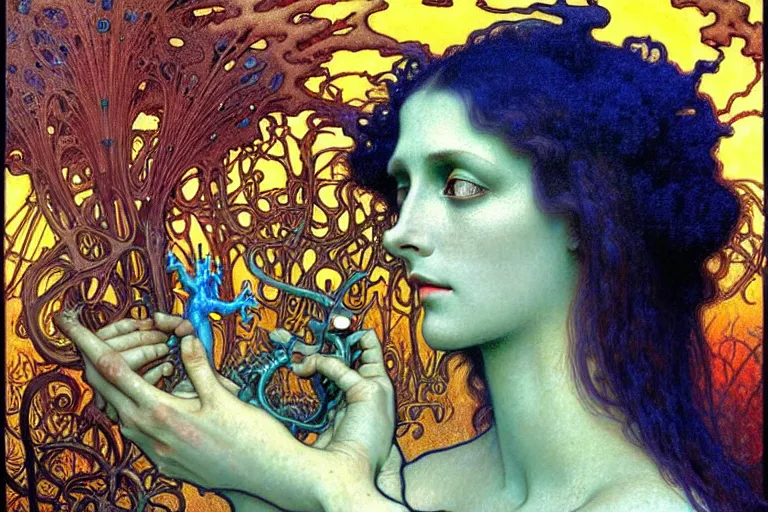 Image similar to realistic detailed portrait painting of a beautiful woman with a zombie, nightly graveyard landscape background by Jean Delville, Amano, Yves Tanguy, Alphonse Mucha, Ernst Haeckel, Edward Robert Hughes, Roger Dean, rich moody colours, blue eyes