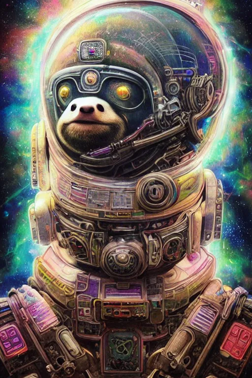 Image similar to portrait of a sloth, celestial. intricate abstract. cyberpunk, vhs glitch. glorious cosmic helmet. intricate artwork. immaculate. holy. empty oxygen tank. by wlop, Dan Witz, Boris Vallejo. octane render, CGSociety, Moebius very coherent symmetrical artwork. cinematic, hyper realism, high detail, octane render, 8k, iridescent accents, deep color