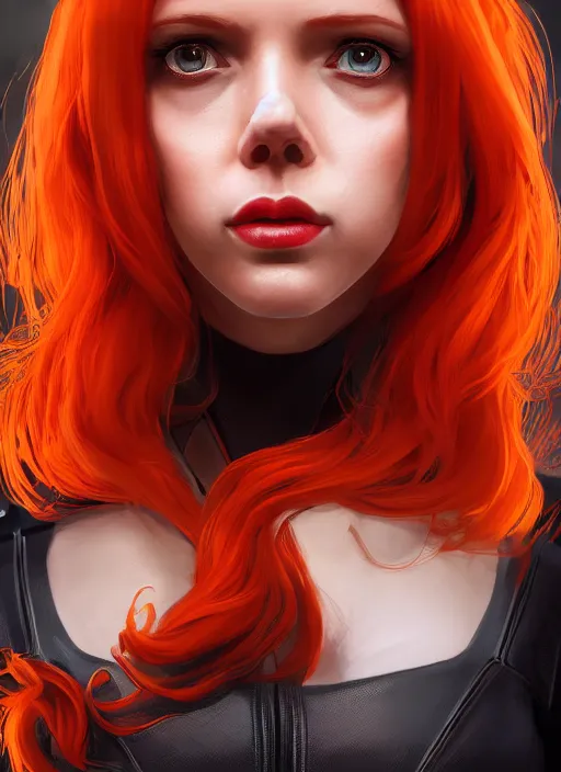 Image similar to biohazard portrait of black widow orange hair girl bioshock, au naturel, hyper detailed, digital art, trending in artstation, cinematic lighting, studio quality, smooth render, unreal engine 5 rendered, octane rendered, art style by klimt and nixeu and ian sprigger and wlop and krenz cushart