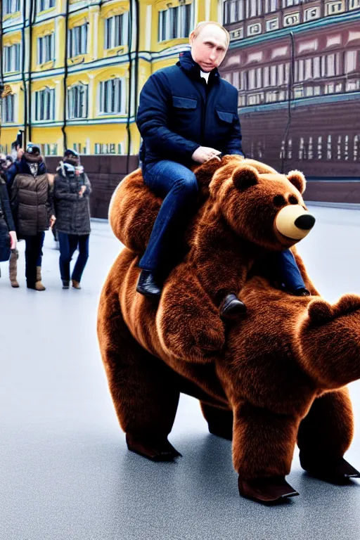 Image similar to a picture of putin ride robotic bear in moscow. - photorealistic, pullitzer winning, taken with canon eos 5 d mark iv, versatile, lens interoperability, autofocus, 4 k uhd video capture at 3 0 fps, 8 k time - lapse functions, by karah mew, jodie bateman