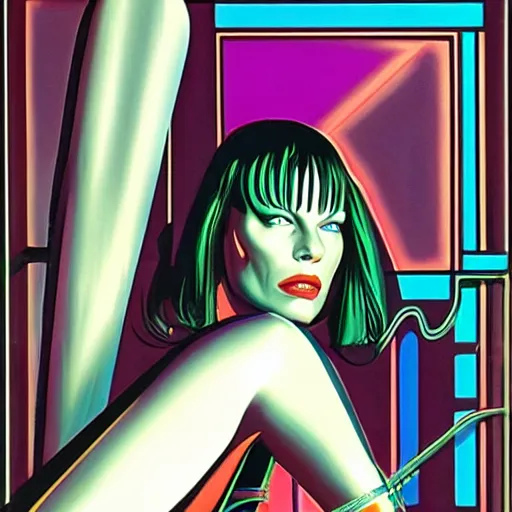 Image similar to milla jovovich as leeloo portrait in the foreground of art by syd mead scifi sharp neon city