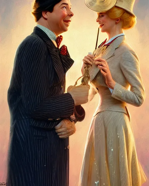 Image similar to Portrait of a  blonde lady and Michael mcintyre as characters in the Mary Poppins,real life skin, intricate, elegant, highly detailed, artstation, concept art, smooth, sharp focus, art by artgerm and greg rutkowski and alphonse mucha