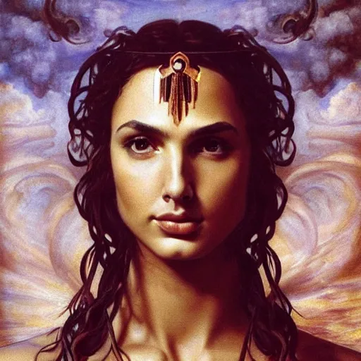 Prompt: Head and shoulders masterpiece portrait oil painting of the beautiful goddess Gal Gadot as Artemisa, she is wearing roman clothes and a surreal jewelry, her hair is natural disheveled, she is approaching heaven over the clouds, naturalism, dramatic lighting, high-detailed oil painting by Ilya Repin, Michelangelo da Caravaggio, William Blake, Alex Grey and Beksinski, trending on Artsation, hystorical painting, naturalism, masterpiece, 4k, 8k,