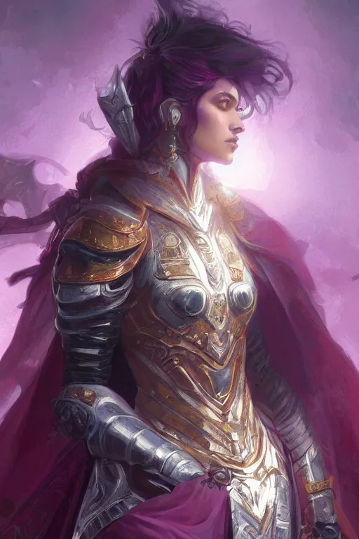 Prompt: masterpiece digital painting of a beautiful woman knight portrait, centered, heavy black obsidian armor, chaotic ruby inlays, large cape, by kev walker and greg rutkowski and mucha, atmospheric fog effects background, purple sparkles, artstation, deviantart, closer view, cinematic lights