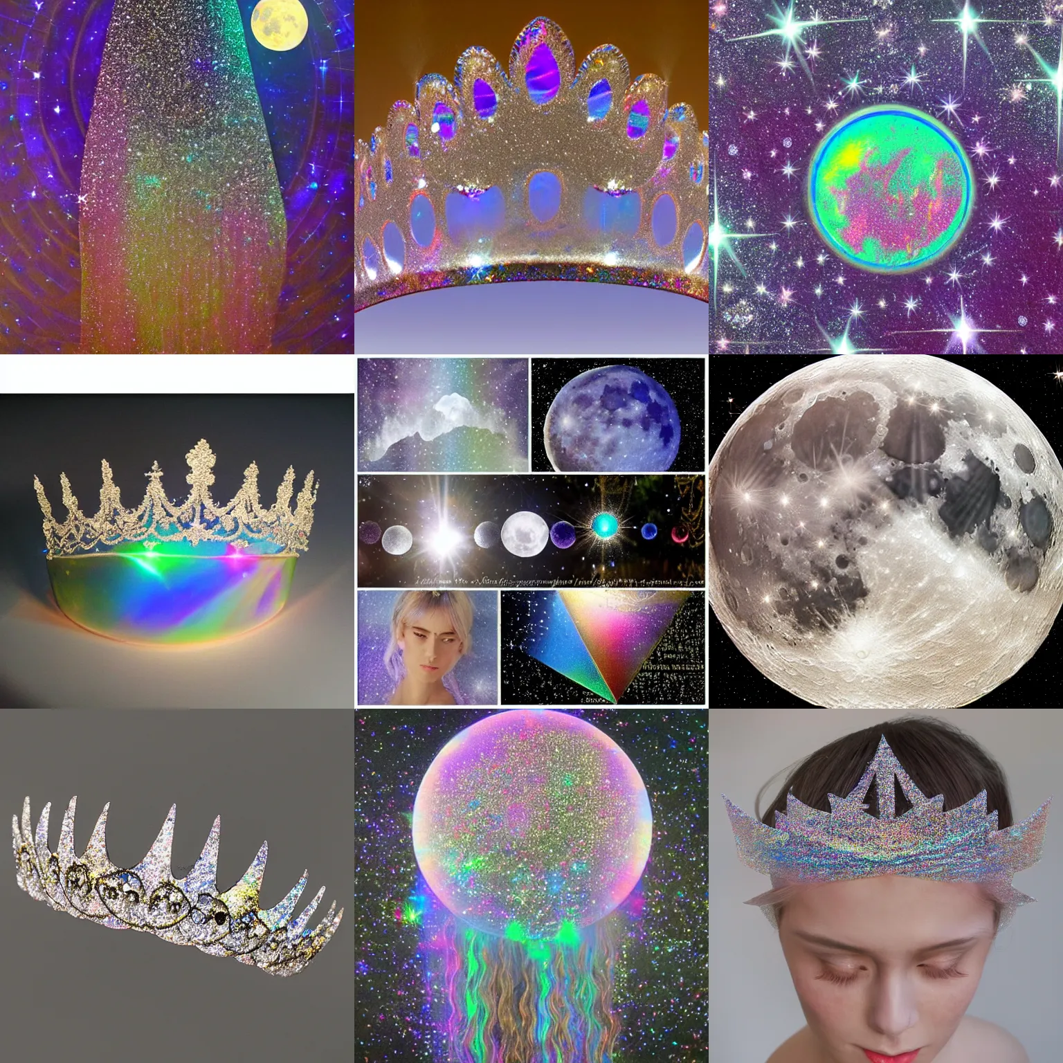 Prompt: moon tiara magic, non - euclidian, glitter, iridescent, dispersion, prismatic, rays of shimmering light.