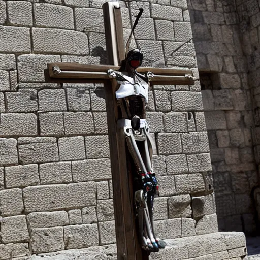 Prompt: cyberpunk robot crucified on a cross in ancient jerusalem full shot by matthias grunewald