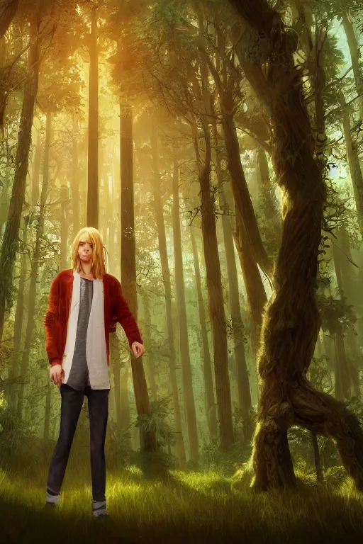 Image similar to pretty young man with long golden blond hair, demure, slender, trees, detailed forest background, webtoon, breathtaking scenery, colourful, 8 k, graphic novel, digital art trending on artstation, volumetric lighting, octane render, cinematic, hyper detailed, magical atmosphere