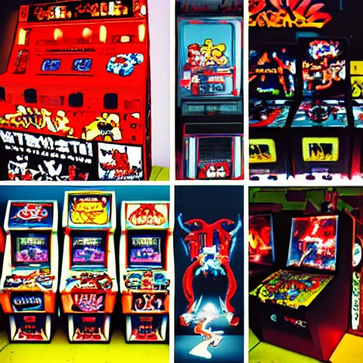 Image similar to grimey japanese retro arcade filled with satanic arcade cabinets, demonic, 9 0's gaming, satanic