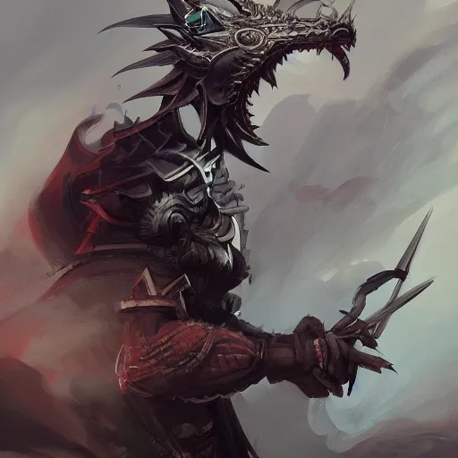 Image similar to dragon as an samurai, backround dark, highly detailed, digital illustration, trending in artstation, modern painting, smooth, sharp focus, intricate, by peter mohrbacher