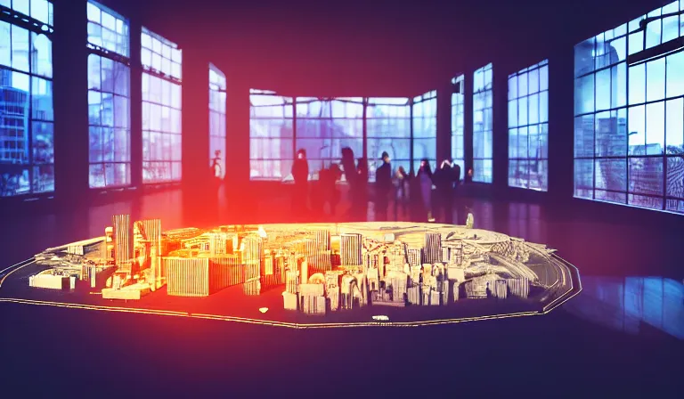 Image similar to large group of people in simple warehouse, looking at hologram of futuristic city on a table, cinematic concept art, godrays, golden hour, natural sunlight, 4 k, clear details, tabletop model buildings, center model buildings, hologram center, crane shot, crane shot, crane shot