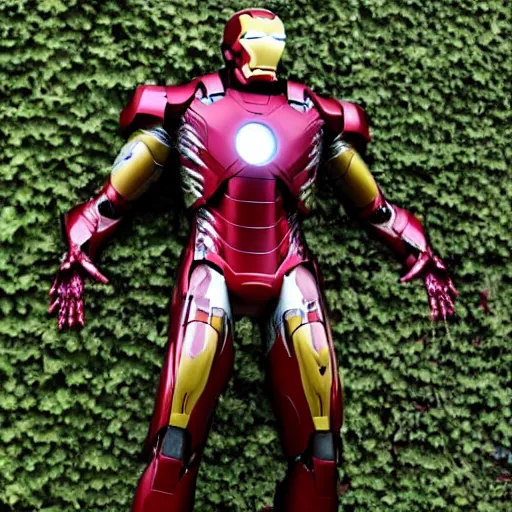 Image similar to abandoned iron man suit covered in vines, 4k realistic photo