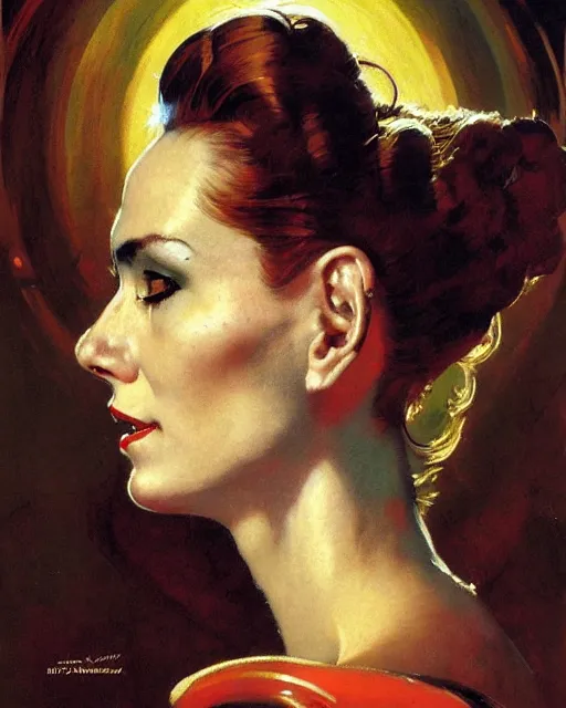 Prompt: head portrait of elegant striking mature space woman, empress, by norman rockwell, roberto ferri, daniel gerhartz, edd cartier, jack kirby, howard v brown, ruan jia, tom lovell, frank r paul, dean cornwell, astounding stories, amazing, fantasy, other worlds