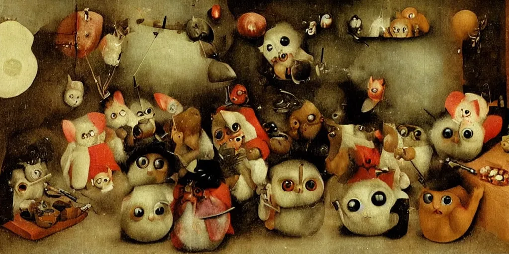 Image similar to a small group of furbies smoking weed!!!!! ( ( ( hieronymus bosch painting ) ) ) furbies with realistic bongs!! smoking pipes!! and joints!!, smoke! fills the air of a small room, studio lighting