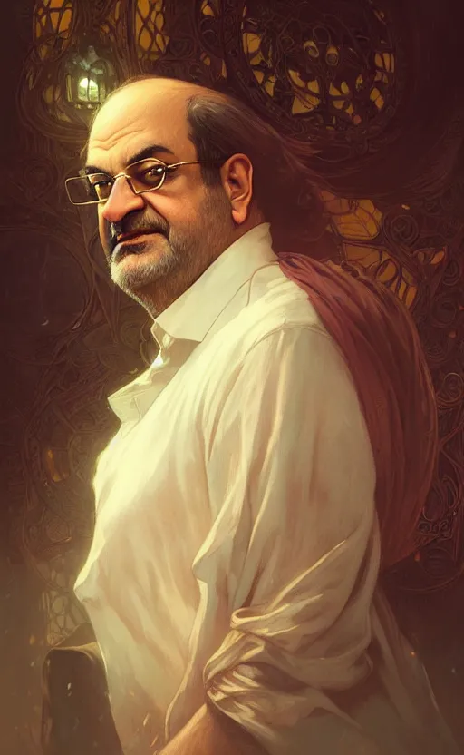 Image similar to portrait of salman rushdie, deep focus, d & d, fantasy, intricate, elegant, highly detailed, digital painting, artstation, concept art, matte, sharp focus, illustration, art by artgerm and greg rutkowski and alphonse mucha