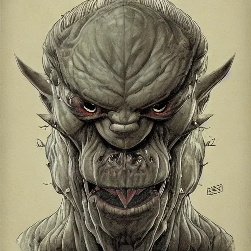 Image similar to grimpunk vile reprobate portrait portrait Cyclops Cyclops Cyclops Polyphemus Ogre grimaces with horrible tusks face nose septum ring ears tombow alexandre briclot Dave Dorman splatterpaint