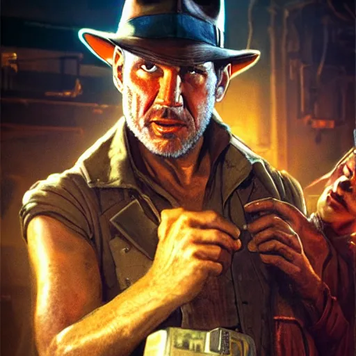 Prompt: a high quality portrait of Indiana Jones in a cyberpunk cyberpunk cyberpunk cafe, realism, 8k, award winning photo