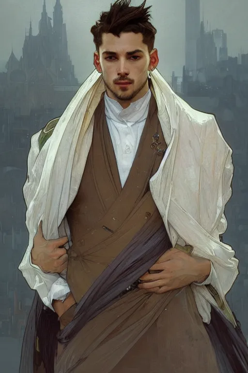 Image similar to portrait of the most beautiful young male ever, modern style, by greg rutkowski and alphonse mucha, d & d character, gradient white to gold, highly detailed portrait, in front of an urban background, digital painting, artstation, concept art, smooth, sharp focus ilustration, artstation hq