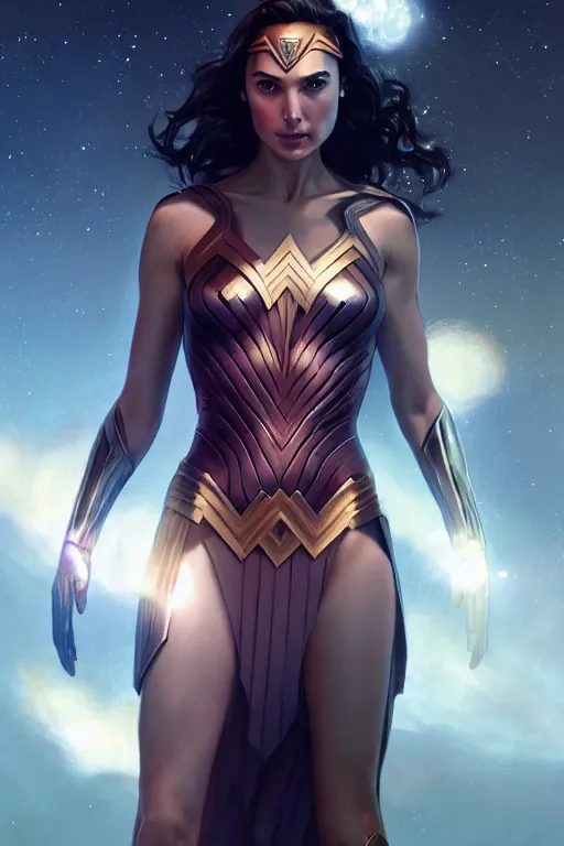 Image similar to Gal Gadot floating in the Cosmos, anatomy, only two hands, highly detailed, digital painting, artstation, concept art, smooth, sharp focus, illustration, Unreal Engine 5, 8K, art by art by artgerm and greg rutkowski and edgar maxence