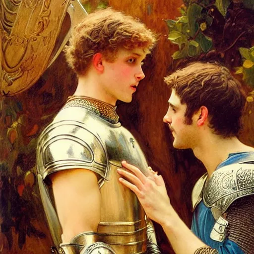 Image similar to attractive fully clothed arthur pendragon confesses his love for his attractive fully clothed male knight. highly detailed painting by gaston bussiere and j. c. leyendecker 8 k