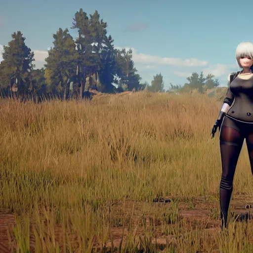 Prompt: Film still of 2B nier automata wearing skintight clothes in a field, from Red Dead Redemption 2 (2018 video game), trending on artstation, artstationHD, artstationHQ