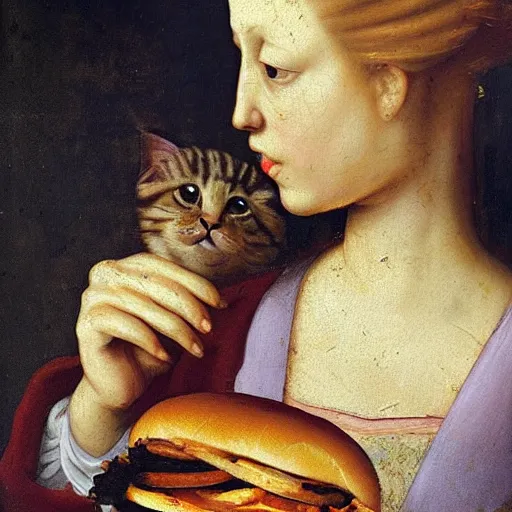 Prompt: a renaissance oil painting of a cat eating a cheeseburger