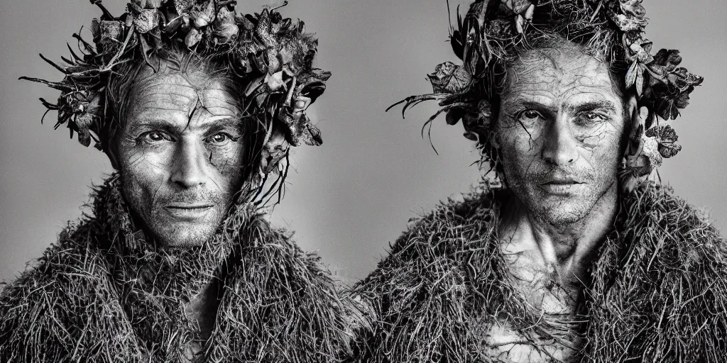 Image similar to portrait of a tyrolean farmer, wearing hay coat, with horns, visible muscles and veins and arteries and bones and spines and nerves, flowers growing out of his body, beautiful detailed intricate insanely detailed octane render, 8k artistic photography, photorealistic, chiaroscuro, by David Cronenberg, Raphael, Caravaggio