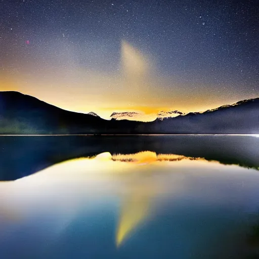 Prompt: night sky reflected in the water, landscape photo by national - geographic