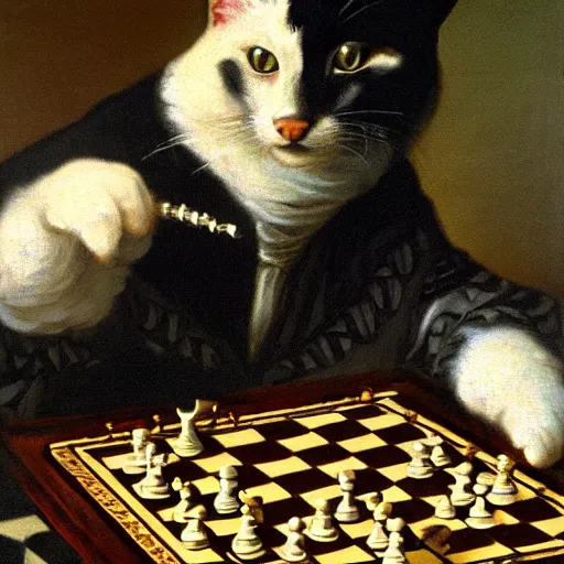 Image similar to cat playing chess looking wise, rococo oil painting, highly detailed