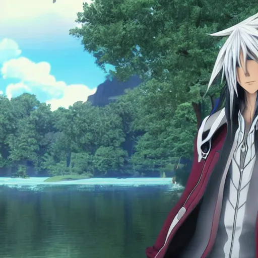 Image similar to a long white haired anime character holding out his hand in front of a body of water, a screenshot by michelangelo, deviantart contest winner, vanitas, official art, unreal engine 5, unreal engine. kingdom hearts opening. sharp focus. highly detailed. masterpiece. anime render. cinematic lighting. lifelike.
