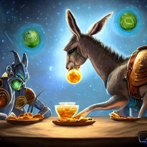 Image similar to zoom out, ultrarealistic, ultradetailed, war donkey eating breakfast, sitting on a futuristic table with aliens, at the end of the universe, very very very ultradetailed, epic fantasy style art, fantasy epic digital art, epic fantasy art, hearthstone style art, pathfinder, dungeons and dragons, floral, planets, stars, galaxies, highlights, organic, concept art