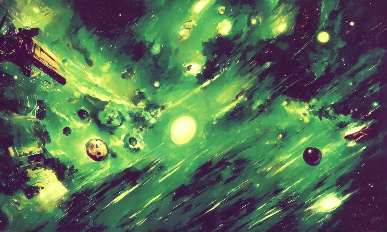 Prompt: Green nebula in deep space by Syd Mead, Federico Pelat