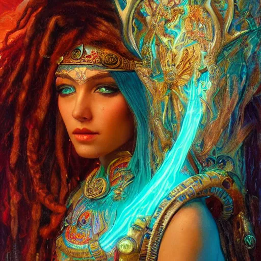 Image similar to artstation, intricate details, hyper details, by gaston bussiere, tan skin sumerian mystic lady of elche, egyptian sumerian features, techno mystic intergalactica electronic pop star, with aqua neon rapunzel dreadlocks,