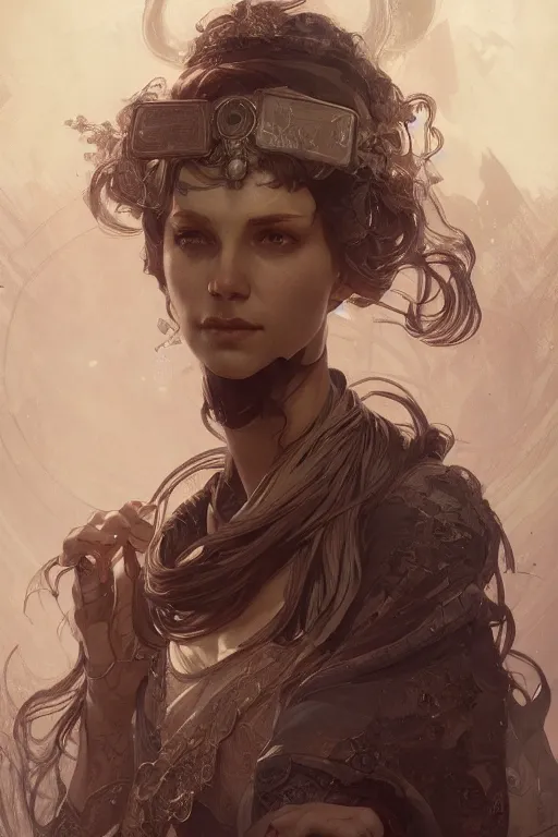 Prompt: A full portrait of a powerful dystopian blind dreamer techromancer sorcerer enchanter, intricate, elegant, highly detailed, digital painting, artstation, concept art, smooth, sharp focus, illustration, art by Krenz Cushart and Artem Demura and alphonse mucha