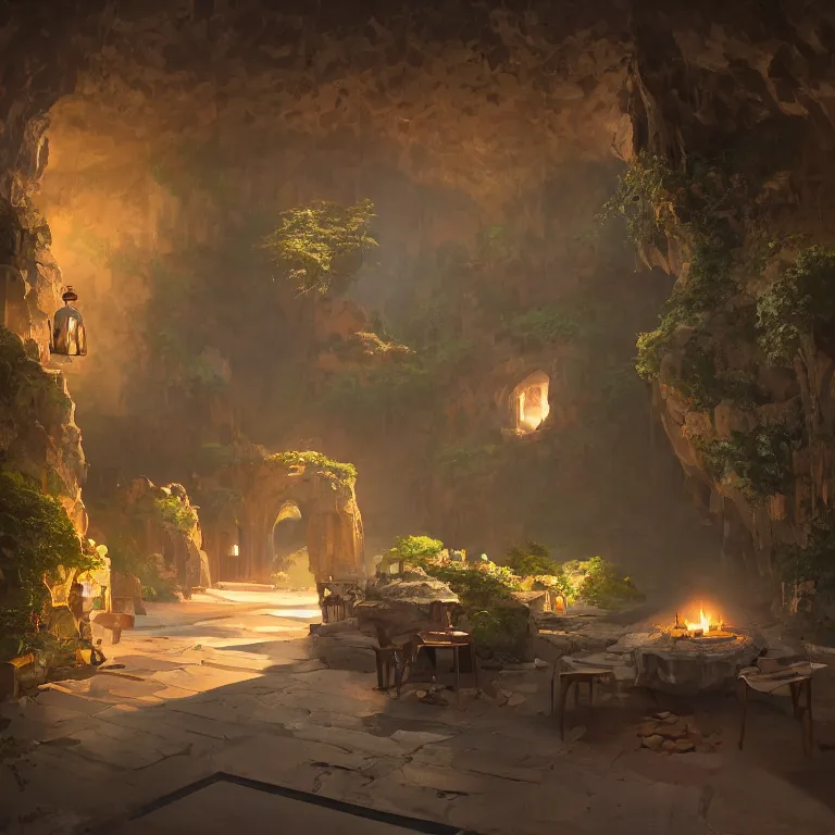 Image similar to secret overwatch common area carved inside a cave, multiple bedrooms, sheltered, magical, natural light, planters, central tree, candle light, cinematic lighting, clean lines, cozy, fantasy, minimalist architecture, sharp focus, concept art, by greg rutkowski and craig mullins,, octane render 8 k