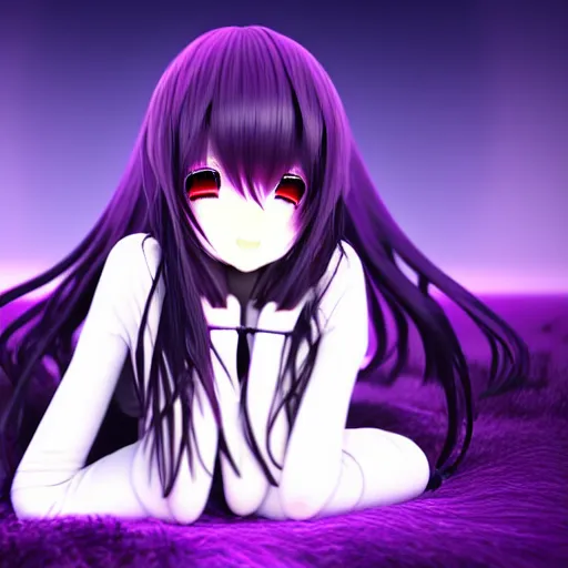 Prompt: A render of a cute young 3D anime girl with long violet hair, she is laying on her back, top down camera angle pointing at her face, wearing a long flowing black reaper hood with black pants, a bloody scythe is laying next to her foot, in a dark field, laying on her back, full body, dark and moody lighting, night time