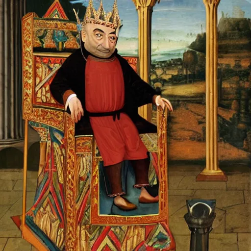 Image similar to A still of Mr. bean depicted as a medieval king on a throne, renaissance oil painting