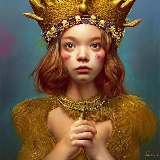 Image similar to a cute furry chick wears a golden metal crown on its head, by esao andrews, by m. w. kaluta, volumetric light, rich colors, very humorous oil painting, realistic reflections, smooth, concept art, depth perception, high depth of field, 4 k, unreal engine 5, ultradetailed, hyperrealistic, artstation