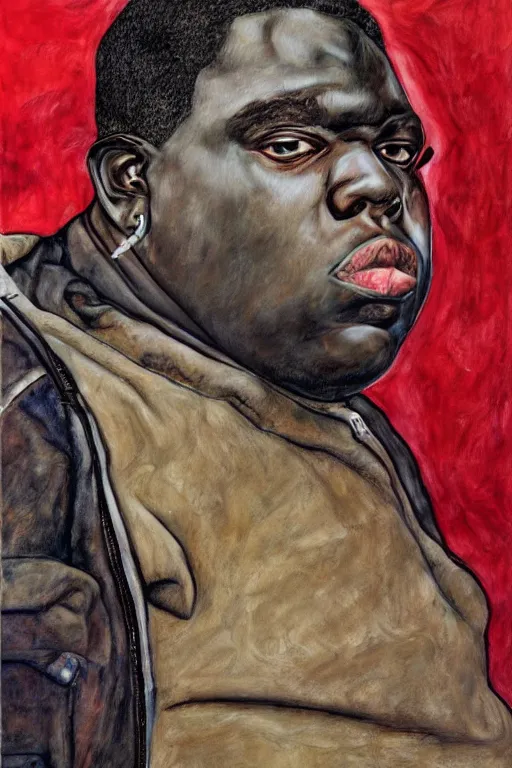 Prompt: a portrait of biggie smalls in style of egon schiele and herakut, masterpiece, hyperdetailed, complex, intricate, veiled, 4 k, 8 k, dynamic!!, trending on artstation