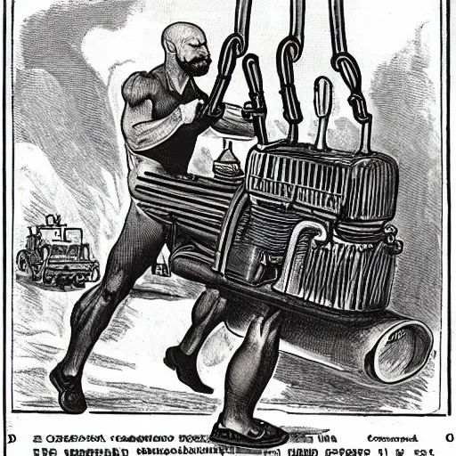 Image similar to a muscular bald man carrying engines on his back, technical diagram, diesel engine, gasoline engine, combustion engine