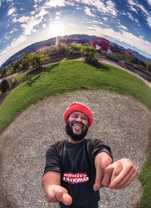Image similar to photo of a person smiling and giving a thums up out doors. fisheye lens
